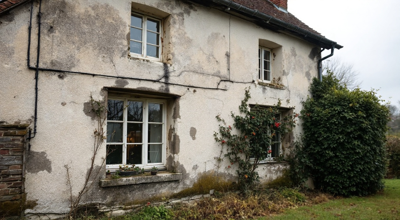 Maison ancienne à vendre vue du jardin, enduit fissuré et coulures sombres sous une gouttière.