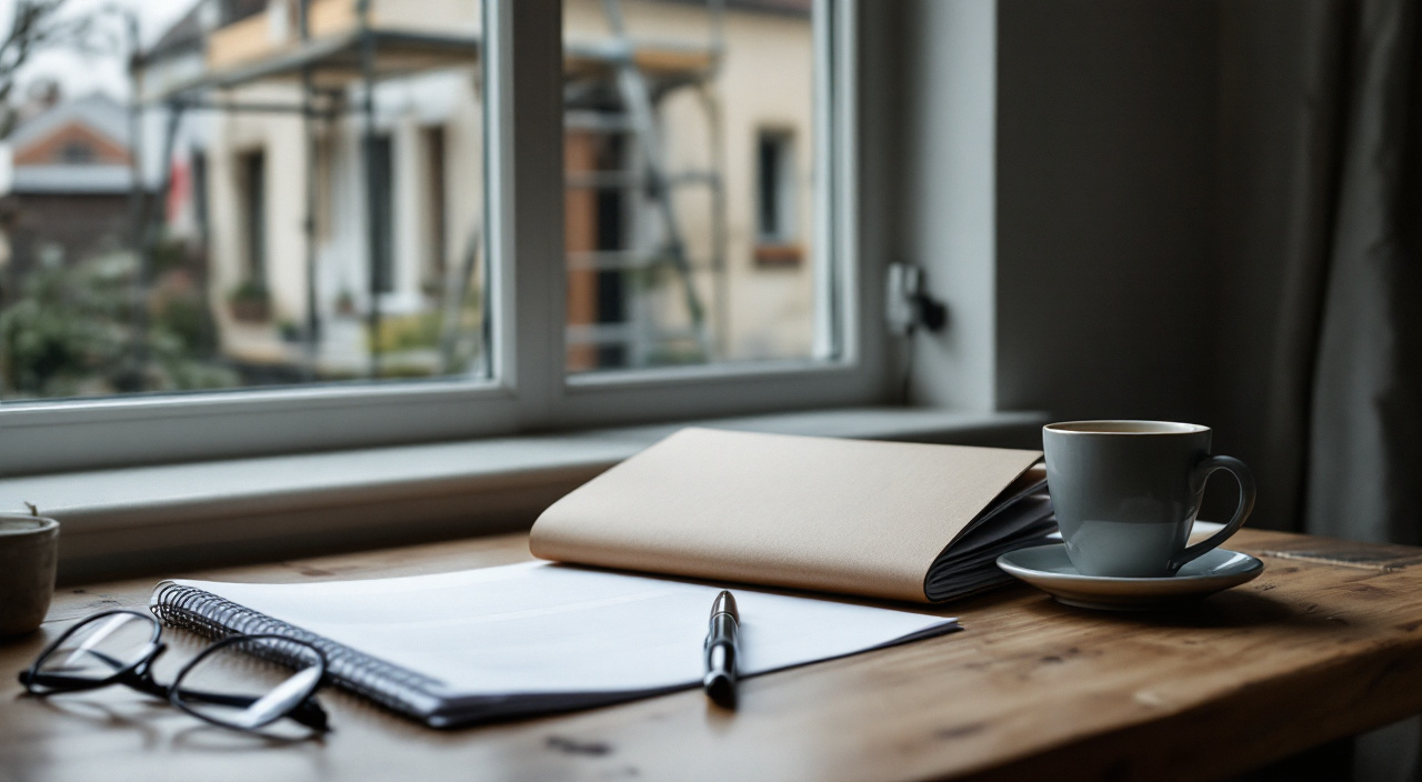 Table de cuisine avec une chemise de documents ouverte, un carnet, un stylo et des lunettes, devant une fenêtre donnant sur une façade échafaudée