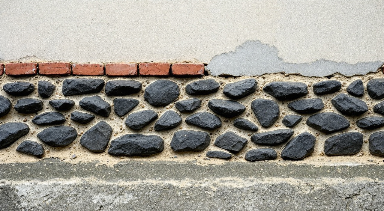 Mur de silex hourdé de brique dont les joints de mortier sont creusés, avec une ancienne reprise au ciment qui se décolle.