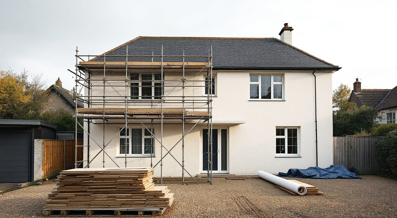 Maison dont une moitié de façade est encore sous échafaudage et l'autre déjà enduite, plateaux et bâches empilés au sol