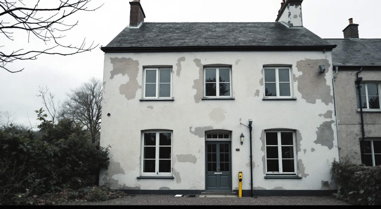 Façade de maison à deux niveaux avec un mètre ruban posé au pied du mur et un carnet sur un appui de fenêtre.