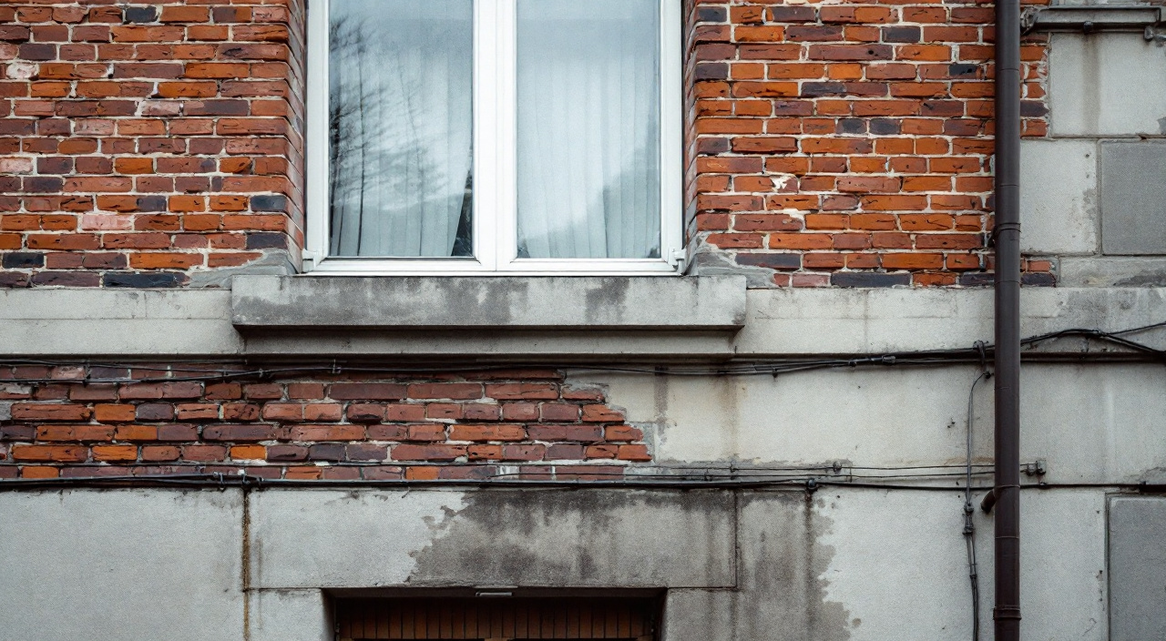 Façade de brique de parement d'après-guerre avec bandeau et appui en béton, joints érodés et coulures sous l'appui