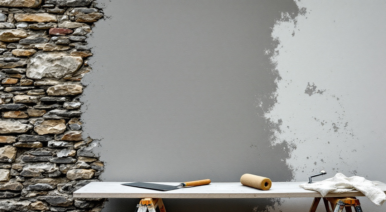 Un mur de façade montrant côte à côte la pierre aux joints ouverts, un corps d'enduit frais et une ancienne peinture écaillée, avec truelle, taloche et rouleau posés sur une planche au pied du mur.