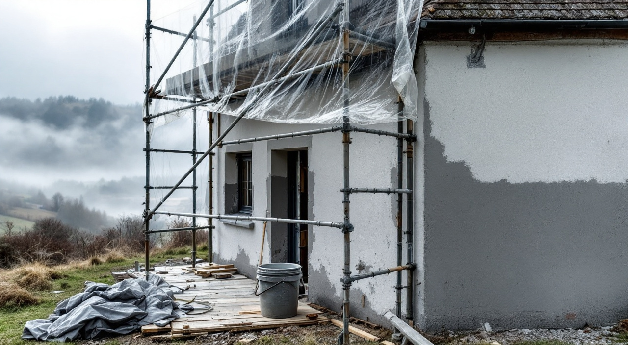 Échafaudage bâché devant une façade en cours d'enduit, brume matinale de fond de vallée en arrière-plan.