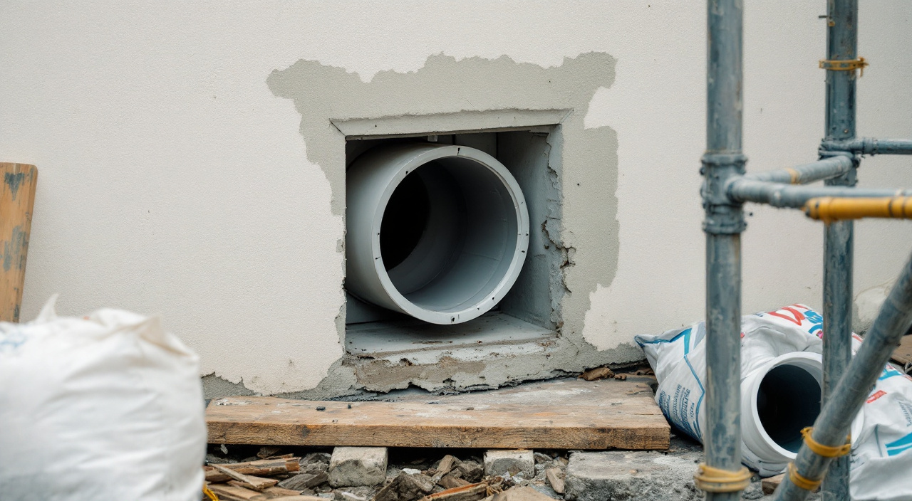 Grille de ventilation basse déposée devant un percement de mur équipé d'un manchon de traversée, sur un chantier de façade