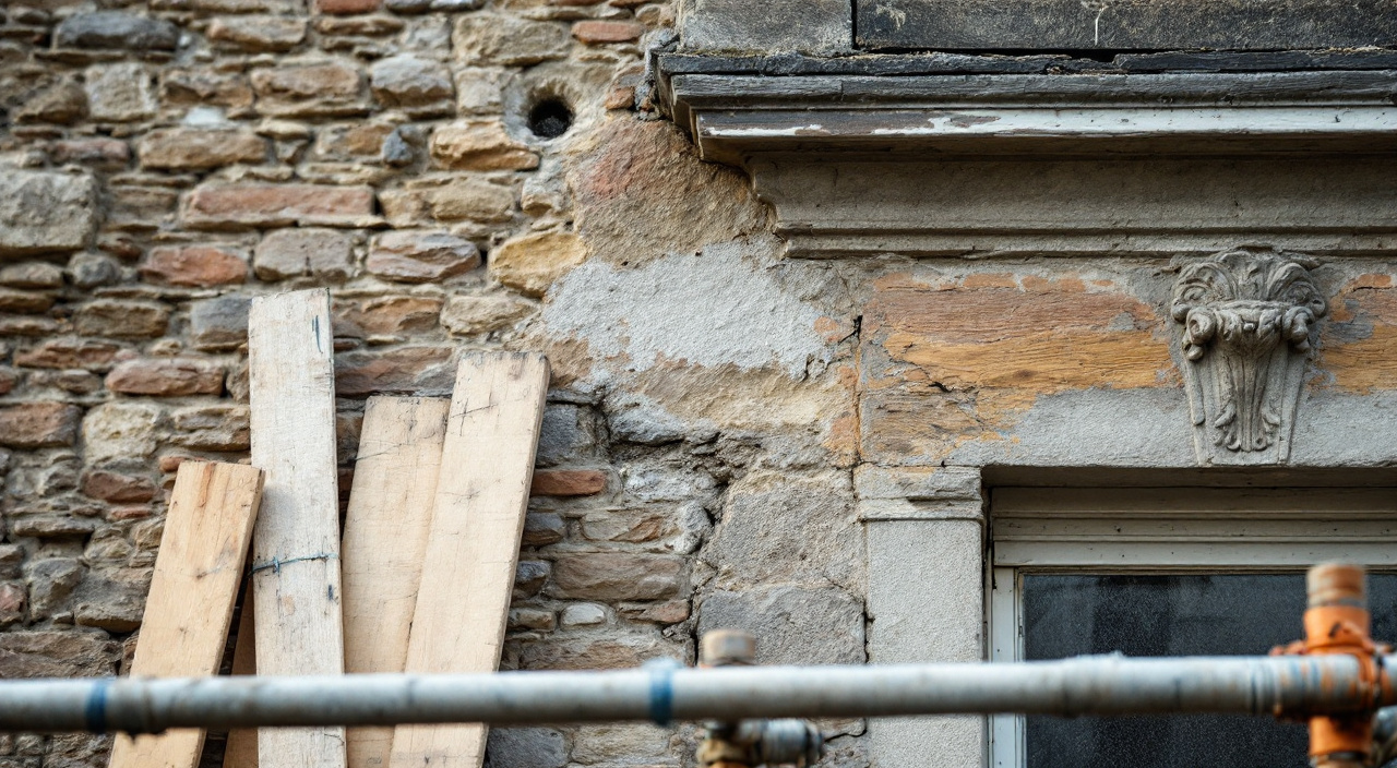 Cavité dans un joint de façade sous un bandeau de pierre, vue depuis un plancher d'échafaudage