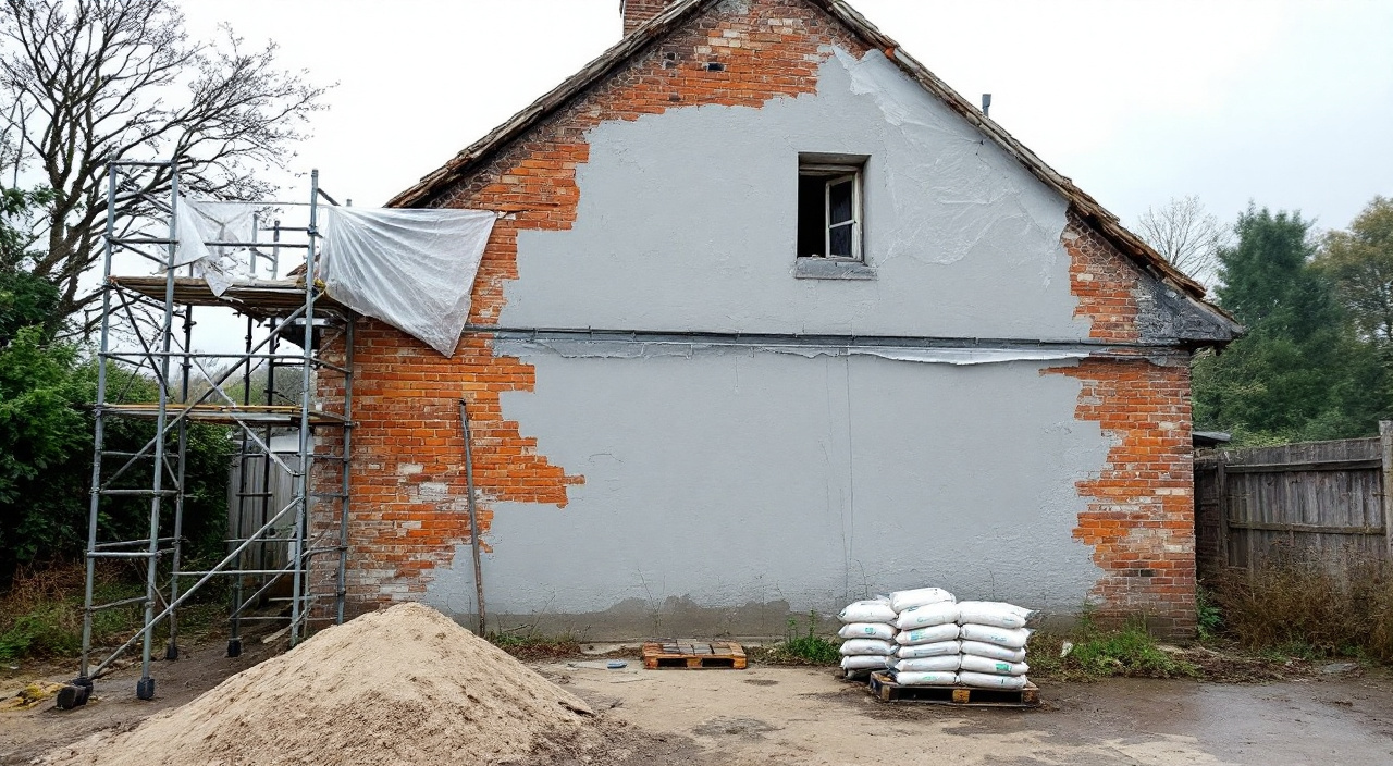 Façade de maison en cours de ravalement laissée à l'abandon, échafaudage en place et sous-enduit arrêté en pleine hauteur