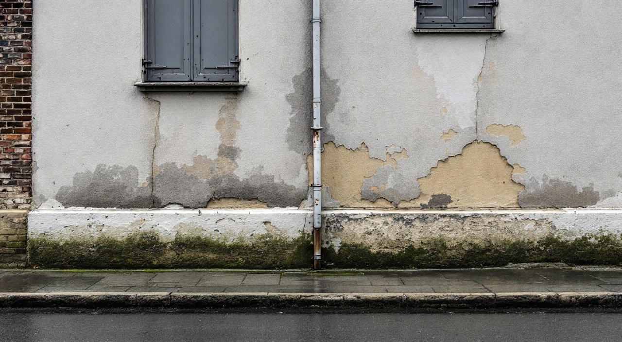 Façade enduite fatiguée d'une maison, fissure verticale et enduit cloqué en pied de mur, par temps gris.