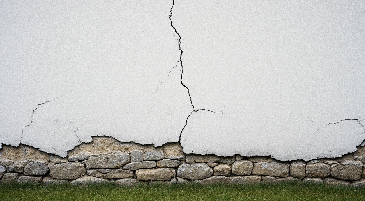 Mur enduit fissuré, pierre apparente en partie basse