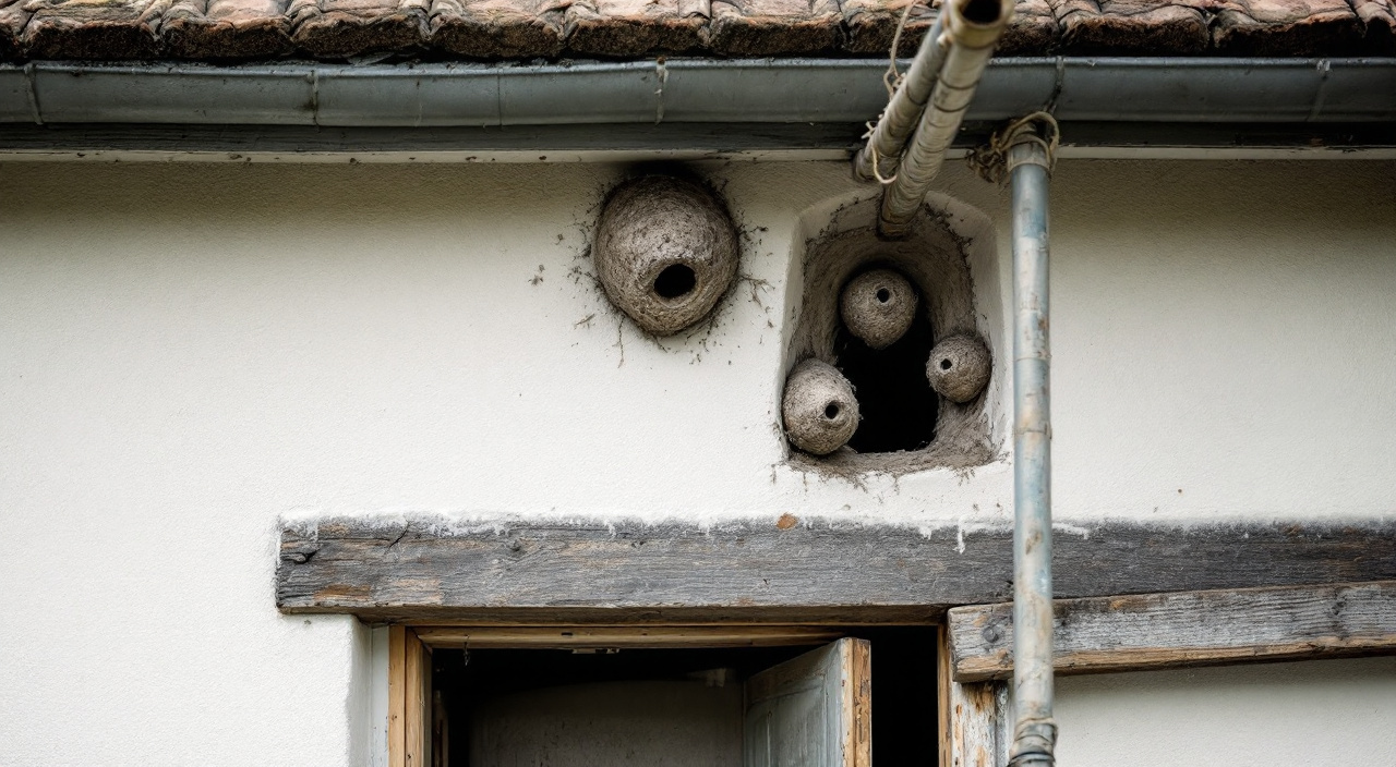 Nids d'hirondelles en terre sèche collés sous le débord de toit d'une maison normande, au-dessus d'un mur enduit à la chaux.