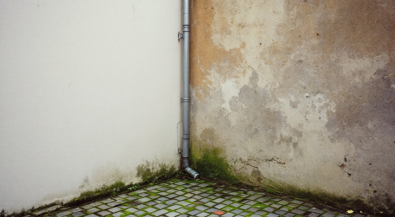 Angle de cour d'une maison de bourg où un enduit neuf rejoint un enduit ancien patiné, ligne de raccord visible le long d'une descente d'eau.