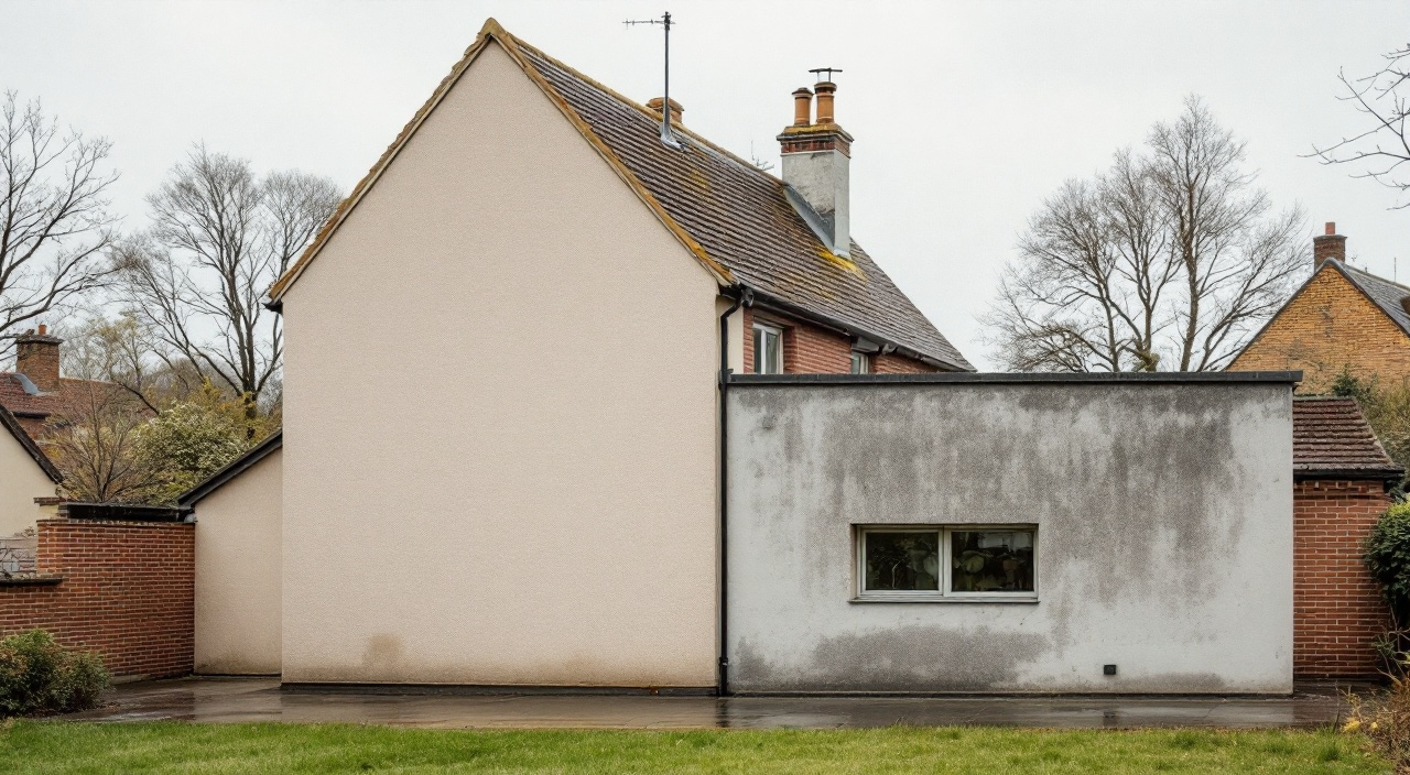 Maison à l'enduit refaite, garage accolé resté dans son ancien revêtement gris, raccord visible sur l'angle