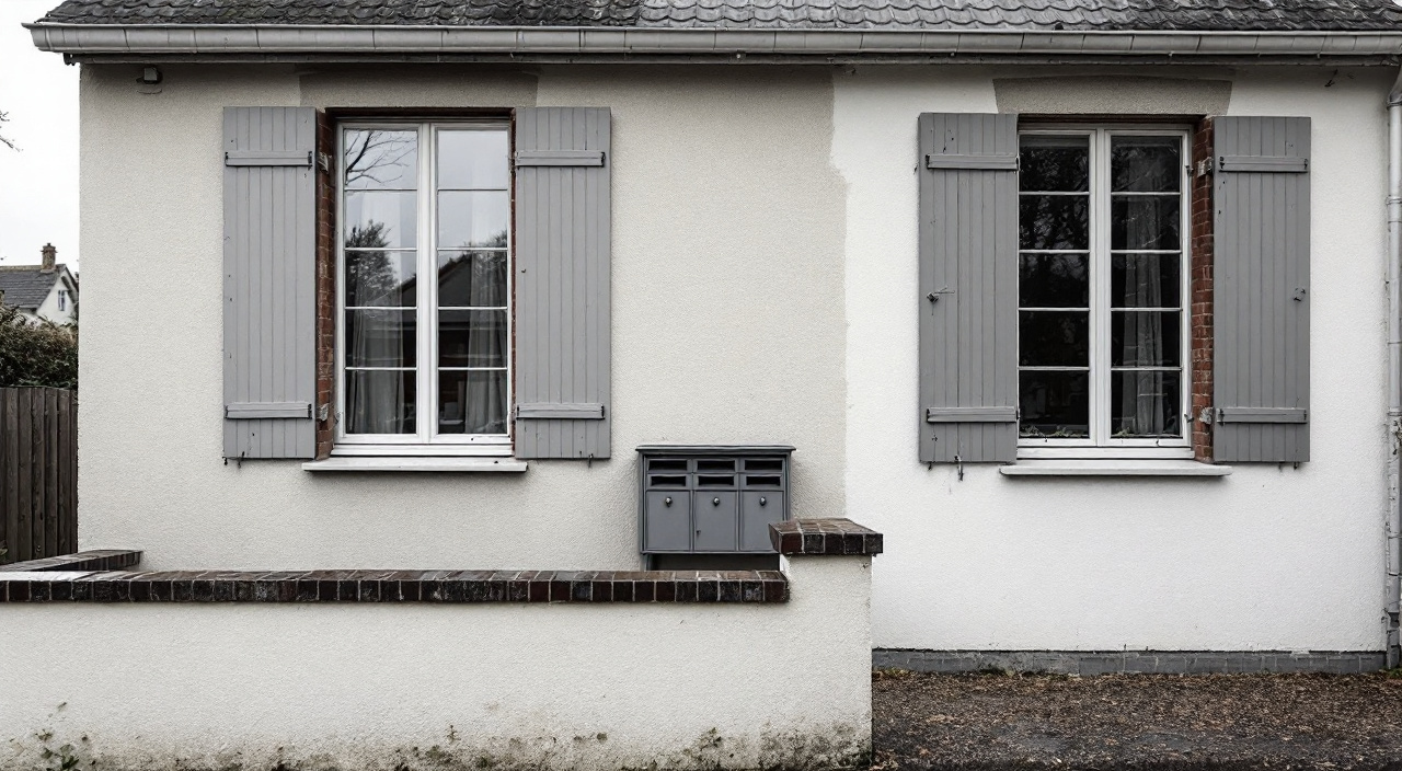 Façade de maison présentant deux reprises d'enduit d'âges différents, avec une boîte aux lettres à trois fentes au premier plan