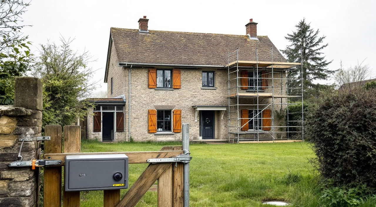Maison inoccupée aux volets fermés, échafaudage monté sur la façade, boîte à clés à code fixée au portail