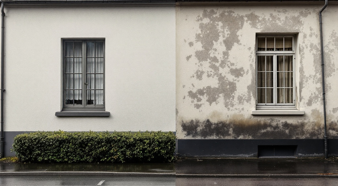 Deux façades voisines dans une rue normande, l'une refaite avec un enduit gratté uniforme, l'autre encore marquée de coulures et de salissures en pied de mur.