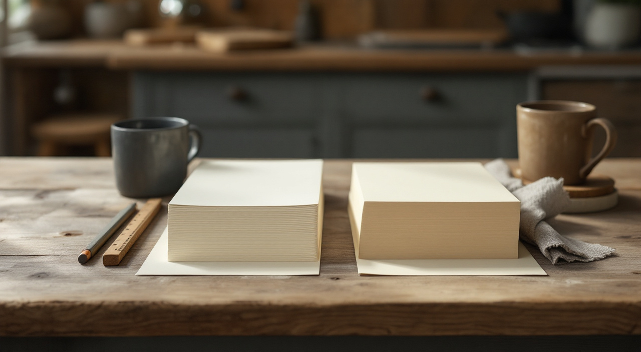 Deux liasses de papier vierge d'épaisseurs très différentes posées côte à côte sur une table en chêne, avec un mètre pliant et un crayon