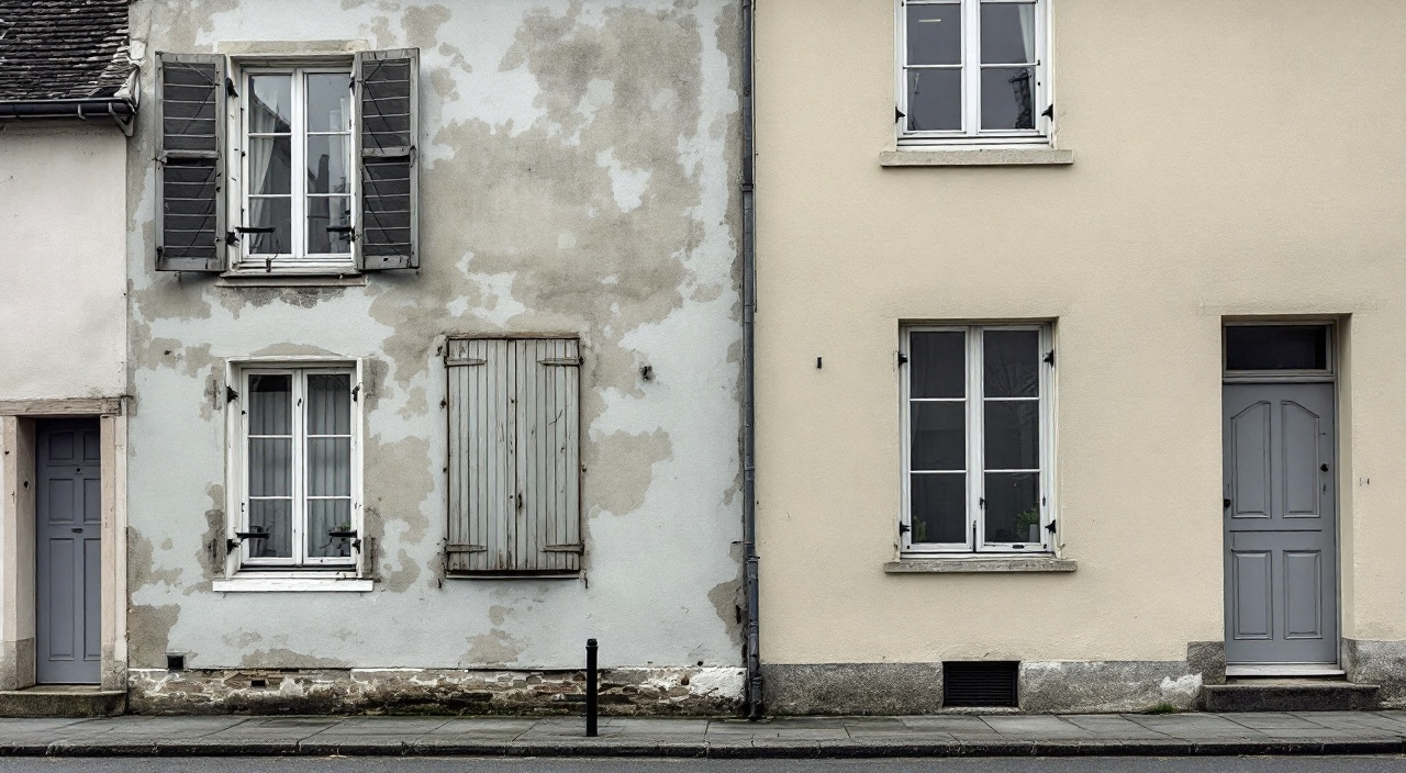 Façade de maison de bourg dont l'enduit ancien et une reprise récente se rejoignent sur un joint vertical.