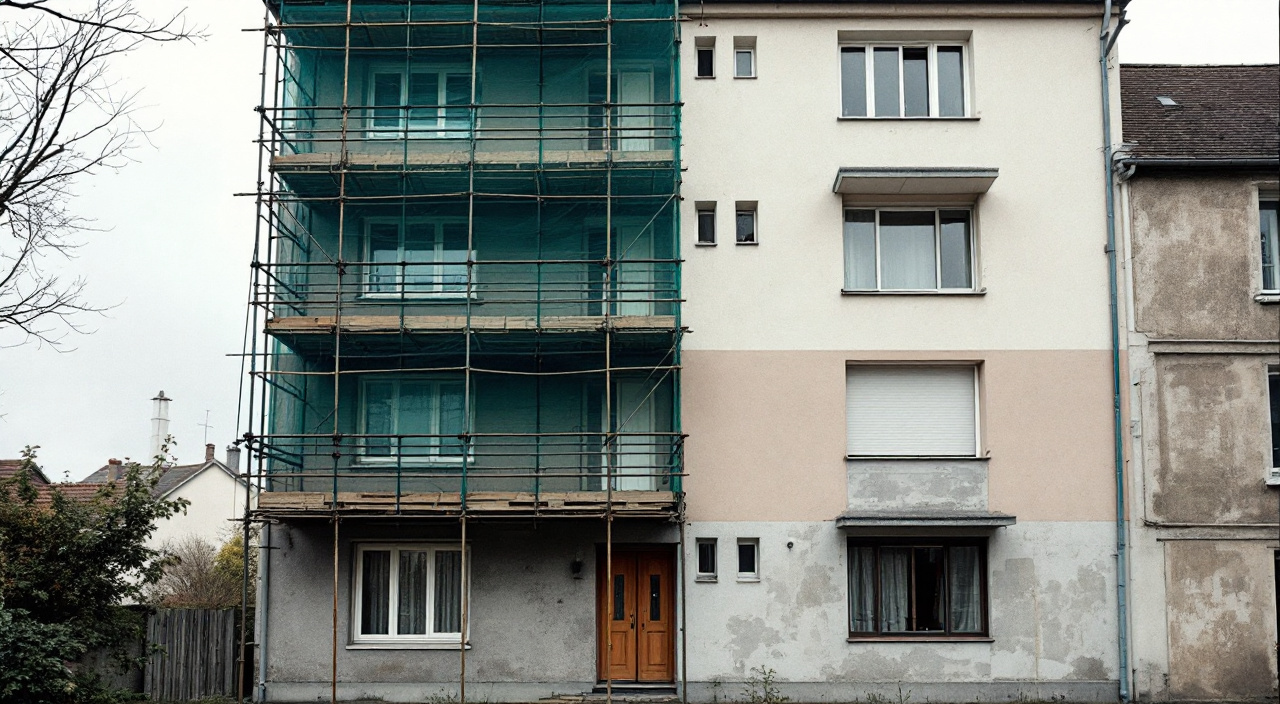 Immeuble en copropriété à moitié échafaudé, une partie de l'enduit déjà refaite dans une teinte plus claire.