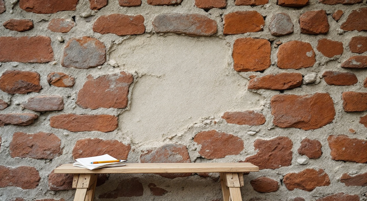 Mur de grison aux moellons rouille et joints de chaux clairs, avec un devis papier posé sur un tréteau au pied du mur