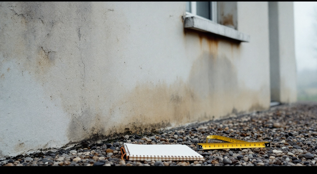 Pied de façade d'un pavillon enduit au ciment, avec un mètre ruban déroulé et un carnet posés sur le gravier